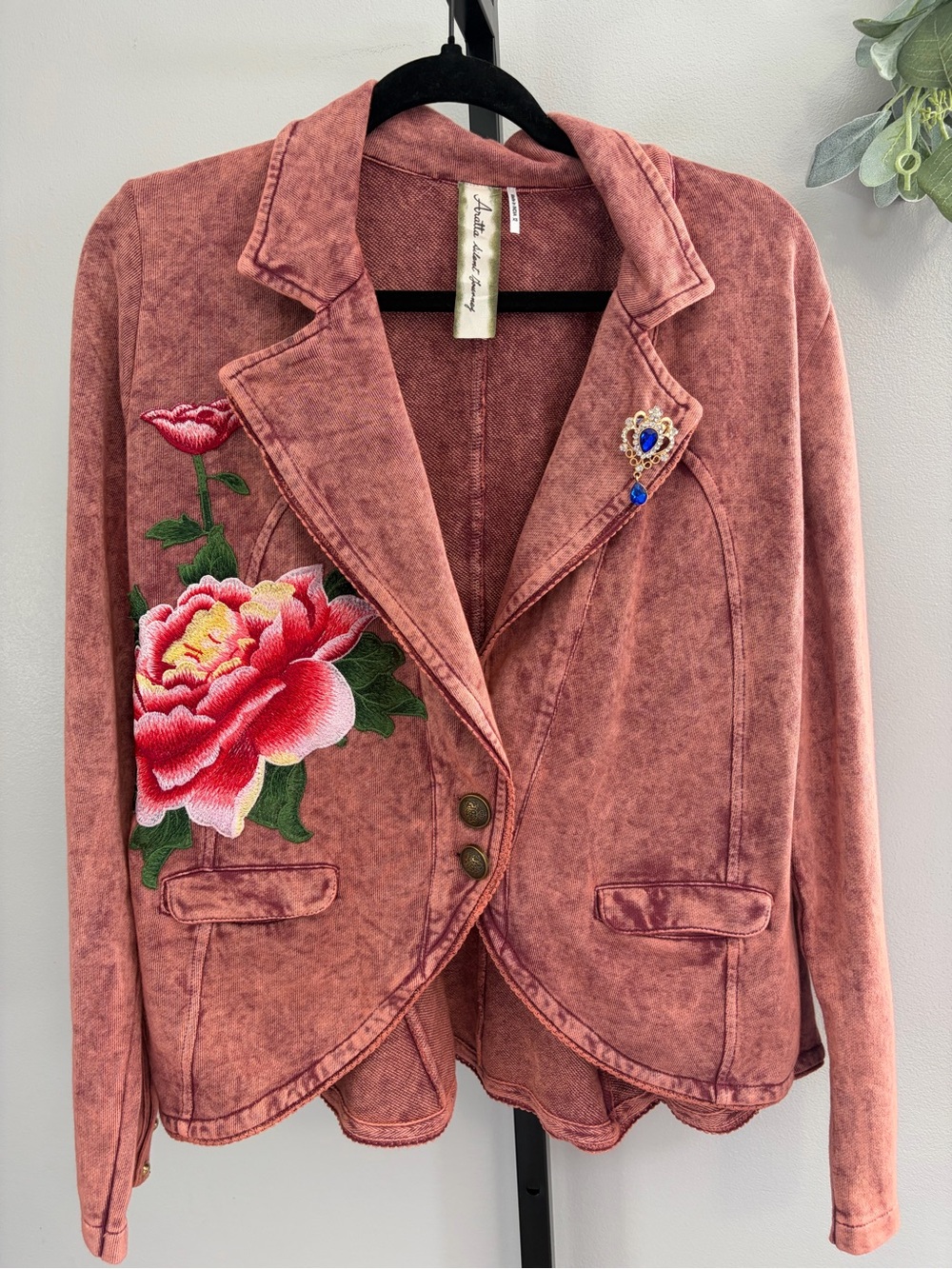 NWOT Aratta Silent Journey- Marion Mineral Wash Colonel Jacket with Embroidery - Picture 3 of 16